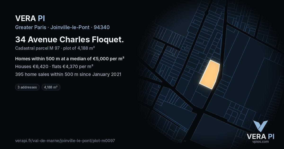 34 Avenue Charles Floquet, Joinville-le-Pont at night – the plot lit, the parcels around coloured by the prices near them