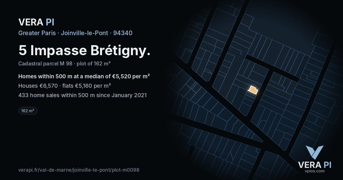 5 Impasse Brétigny, Joinville-le-Pont at night – the plot lit, the parcels around coloured by the prices near them