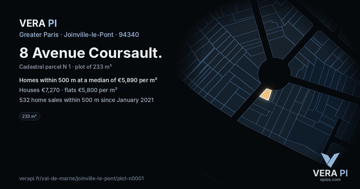 8 Avenue Coursault, Joinville-le-Pont at night – the plot lit, the parcels around coloured by the prices near them