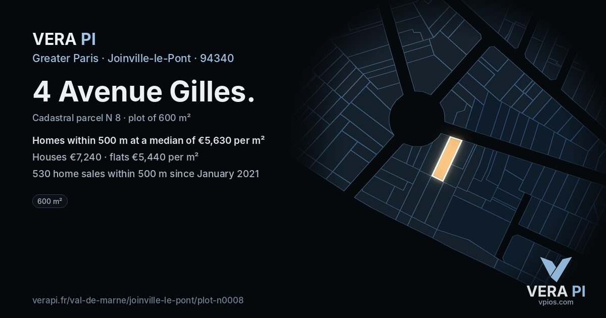 4 Avenue Gilles, Joinville-le-Pont at night – the plot lit, the parcels around coloured by the prices near them