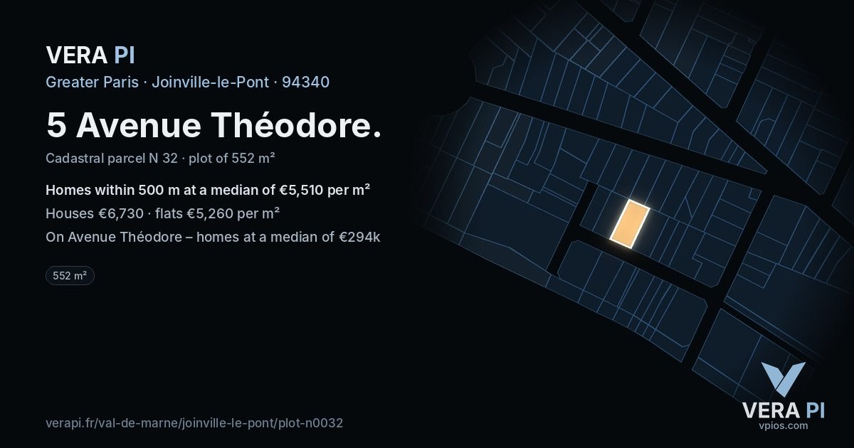 5 Avenue Théodore, Joinville-le-Pont at night – the plot lit, the parcels around coloured by the prices near them