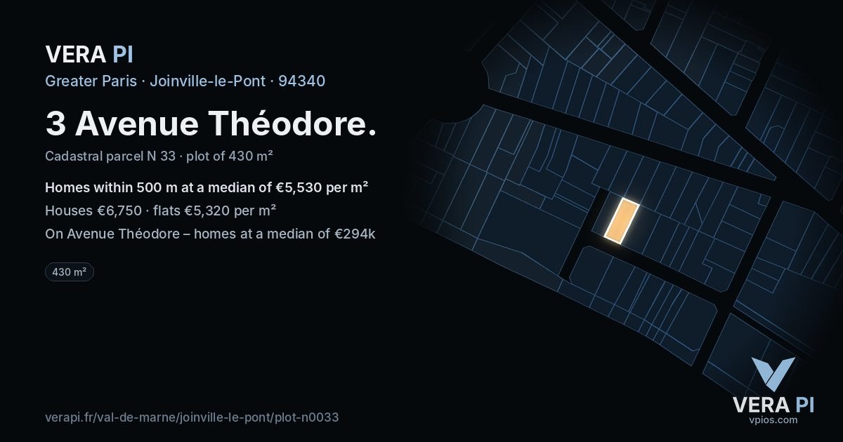 3 Avenue Théodore, Joinville-le-Pont at night – the plot lit, the parcels around coloured by the prices near them