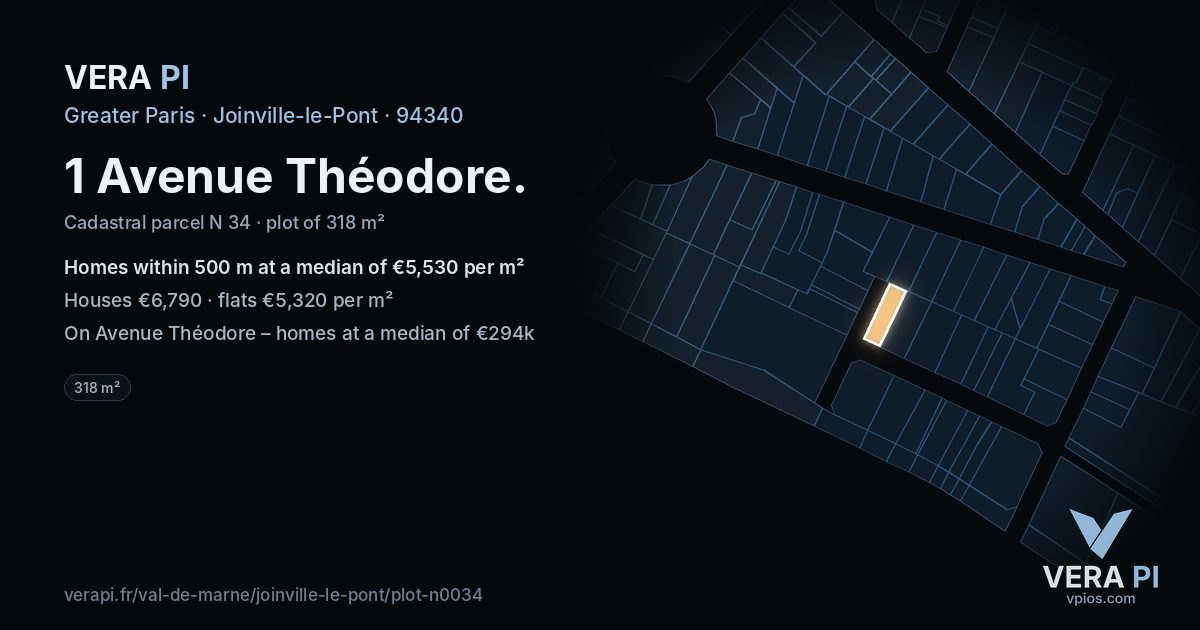 1 Avenue Théodore, Joinville-le-Pont at night – the plot lit, the parcels around coloured by the prices near them