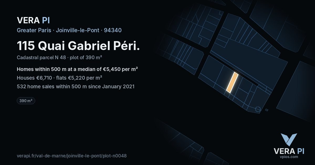 115 Quai Gabriel Péri, Joinville-le-Pont at night – the plot lit, the parcels around coloured by the prices near them