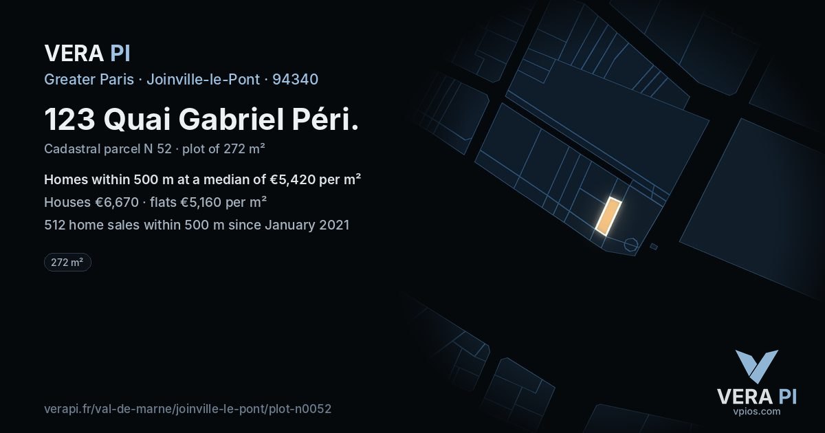 123 Quai Gabriel Péri, Joinville-le-Pont at night – the plot lit, the parcels around coloured by the prices near them