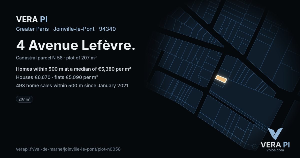 4 Avenue Lefèvre, Joinville-le-Pont at night – the plot lit, the parcels around coloured by the prices near them