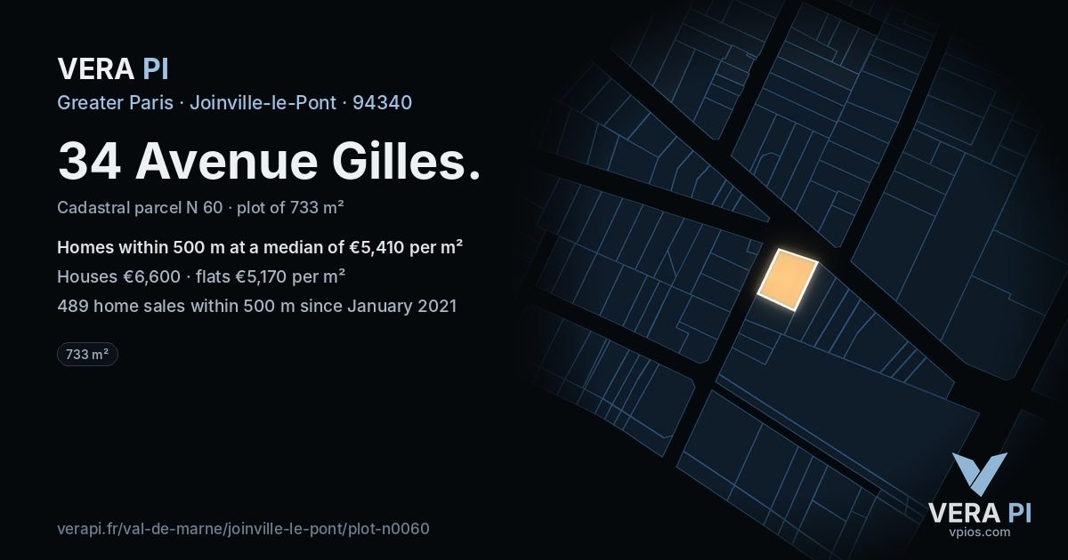 34 Avenue Gilles, Joinville-le-Pont at night – the plot lit, the parcels around coloured by the prices near them