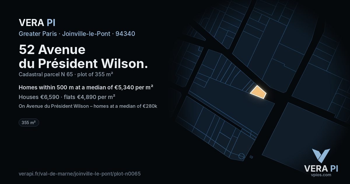 52 Avenue du Président Wilson, Joinville-le-Pont at night – the plot lit, the parcels around coloured by the prices near them