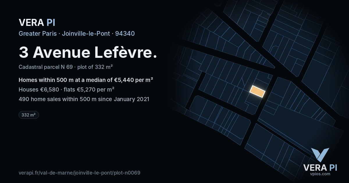 3 Avenue Lefèvre, Joinville-le-Pont at night – the plot lit, the parcels around coloured by the prices near them