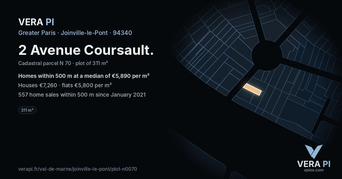2 Avenue Coursault, Joinville-le-Pont at night – the plot lit, the parcels around coloured by the prices near them