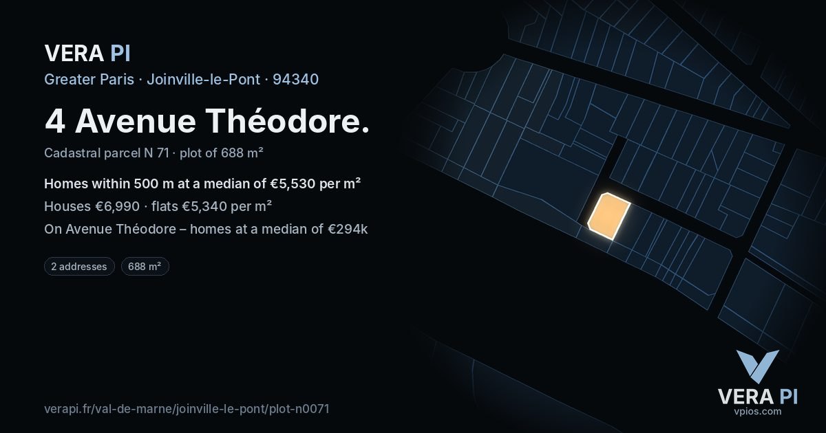 4 Avenue Théodore, Joinville-le-Pont at night – the plot lit, the parcels around coloured by the prices near them