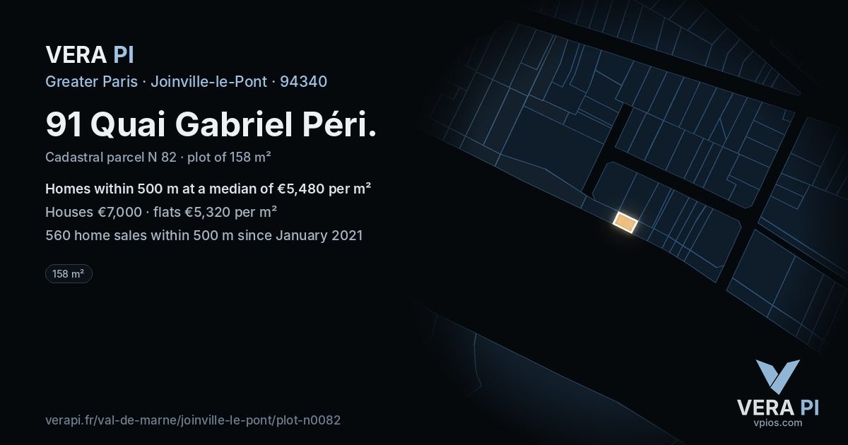 91 Quai Gabriel Péri, Joinville-le-Pont at night – the plot lit, the parcels around coloured by the prices near them