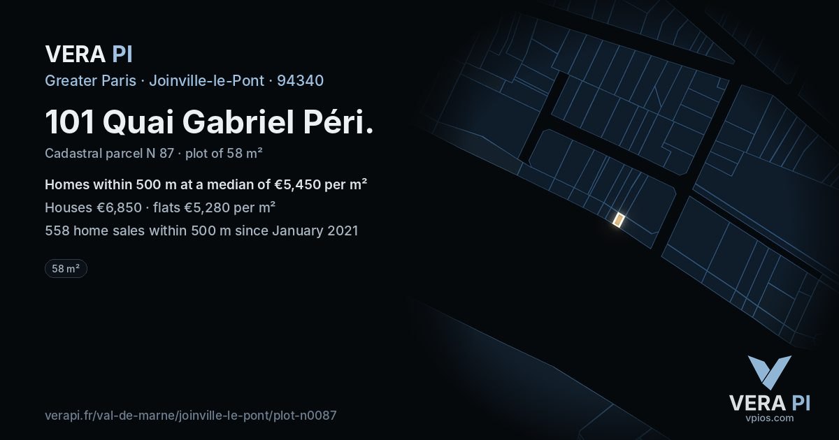 101 Quai Gabriel Péri, Joinville-le-Pont at night – the plot lit, the parcels around coloured by the prices near them