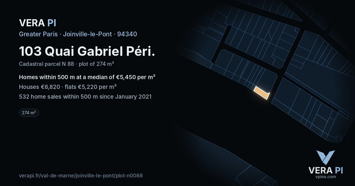 103 Quai Gabriel Péri, Joinville-le-Pont at night – the plot lit, the parcels around coloured by the prices near them