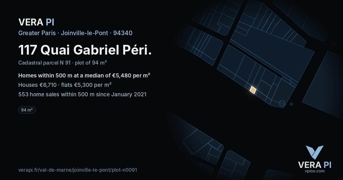 117 Quai Gabriel Péri, Joinville-le-Pont at night – the plot lit, the parcels around coloured by the prices near them