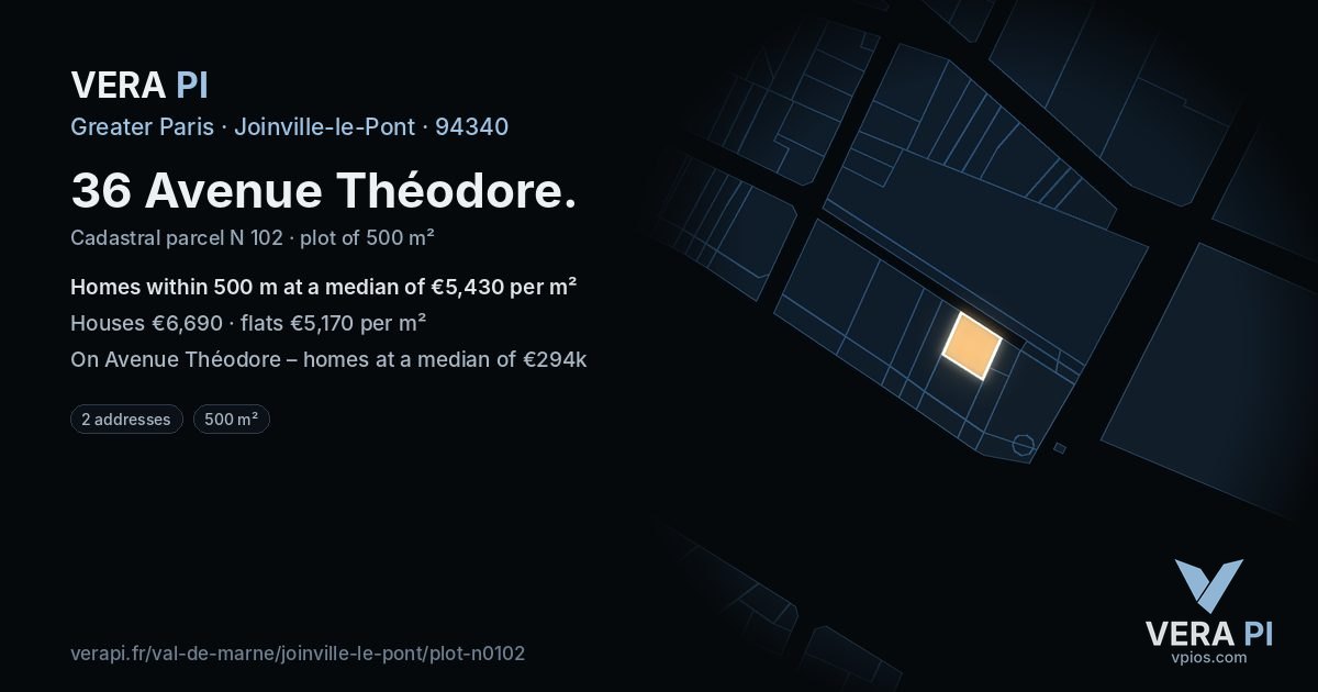 36 Avenue Théodore, Joinville-le-Pont at night – the plot lit, the parcels around coloured by the prices near them