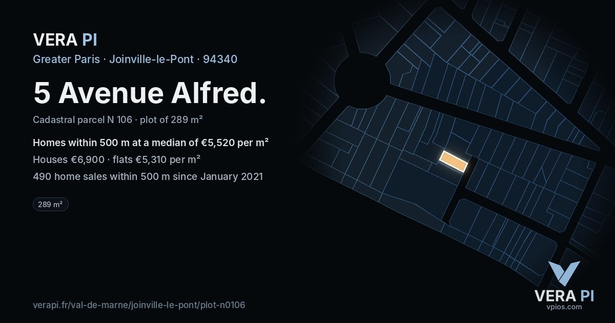 5 Avenue Alfred, Joinville-le-Pont at night – the plot lit, the parcels around coloured by the prices near them