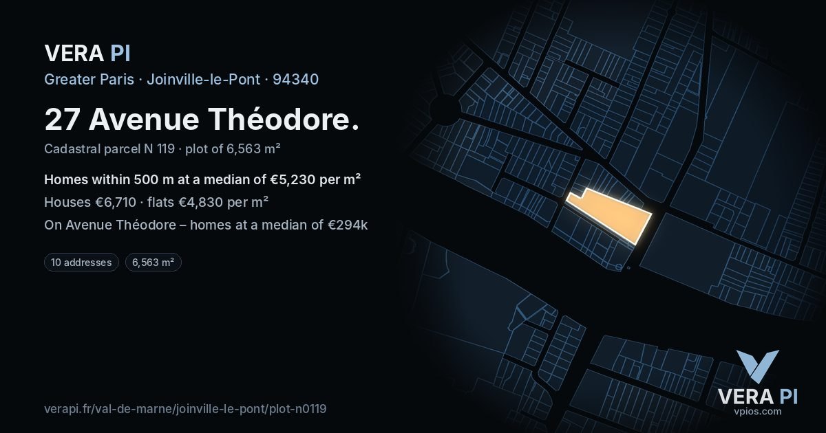 27 Avenue Théodore, Joinville-le-Pont at night – the plot lit, the parcels around coloured by the prices near them