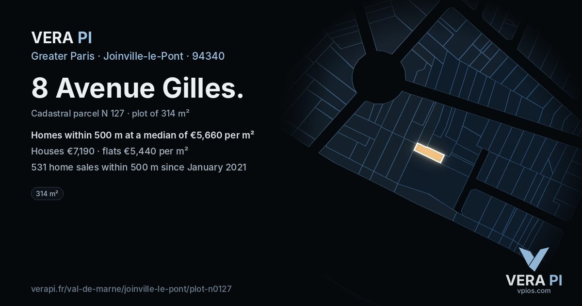 8 Avenue Gilles, Joinville-le-Pont at night – the plot lit, the parcels around coloured by the prices near them