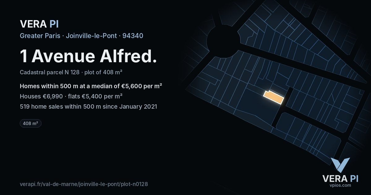 1 Avenue Alfred, Joinville-le-Pont at night – the plot lit, the parcels around coloured by the prices near them