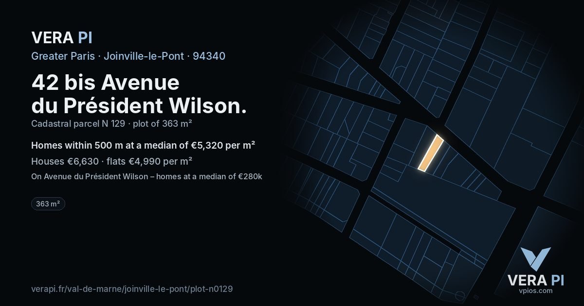 42 bis Avenue du Président Wilson, Joinville-le-Pont at night – the plot lit, the parcels around coloured by the prices near them