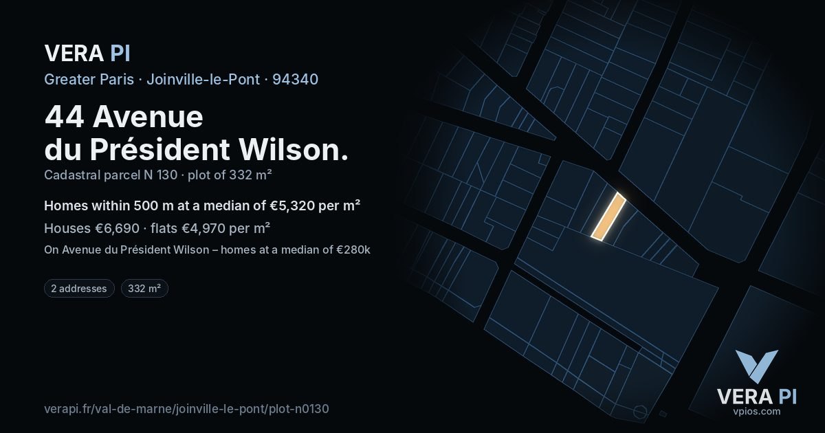44 Avenue du Président Wilson, Joinville-le-Pont at night – the plot lit, the parcels around coloured by the prices near them