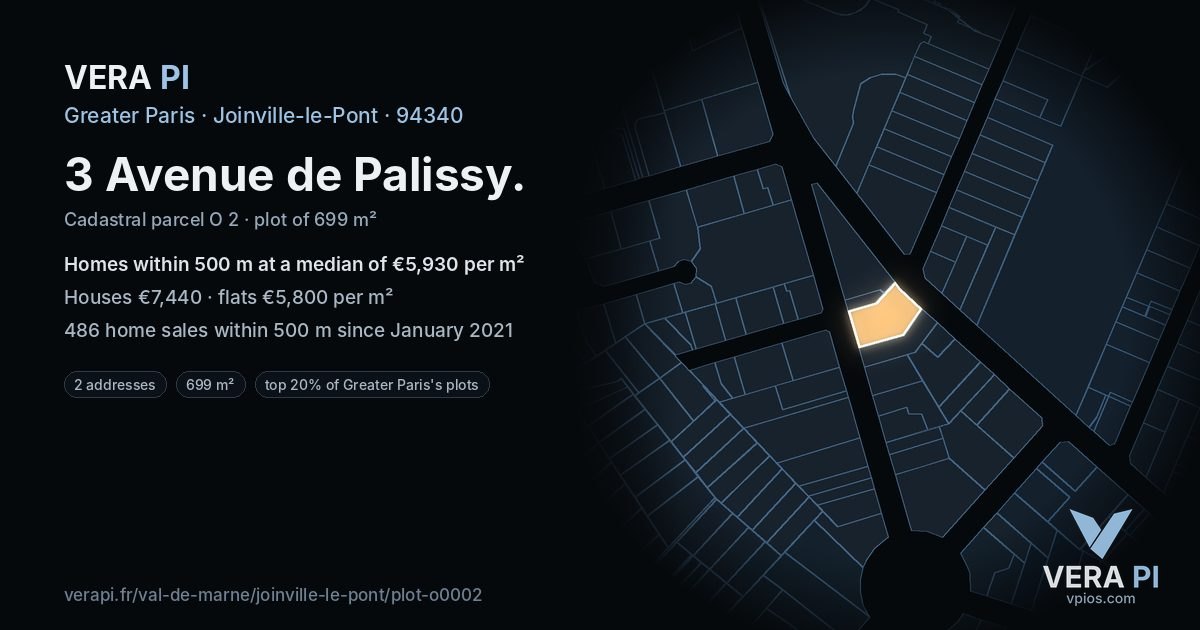 3 Avenue de Palissy, Joinville-le-Pont at night – the plot lit, the parcels around coloured by the prices near them