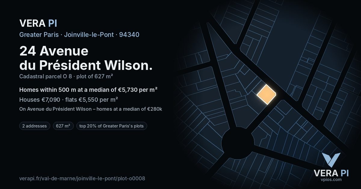24 Avenue du Président Wilson, Joinville-le-Pont at night – the plot lit, the parcels around coloured by the prices near them