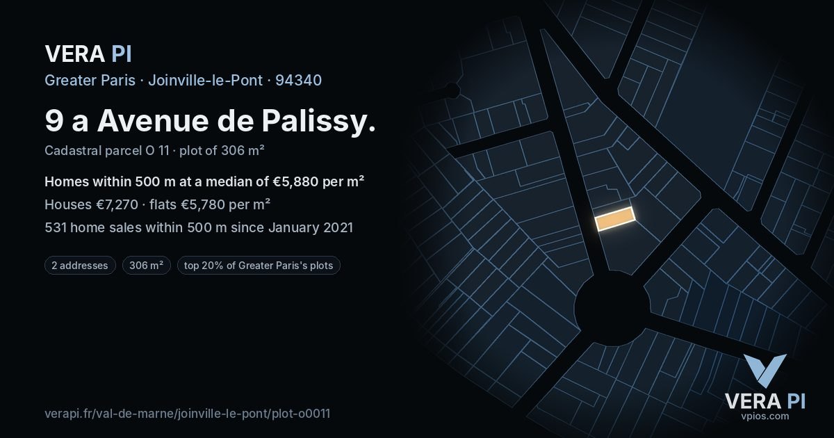 9 a Avenue de Palissy, Joinville-le-Pont at night – the plot lit, the parcels around coloured by the prices near them