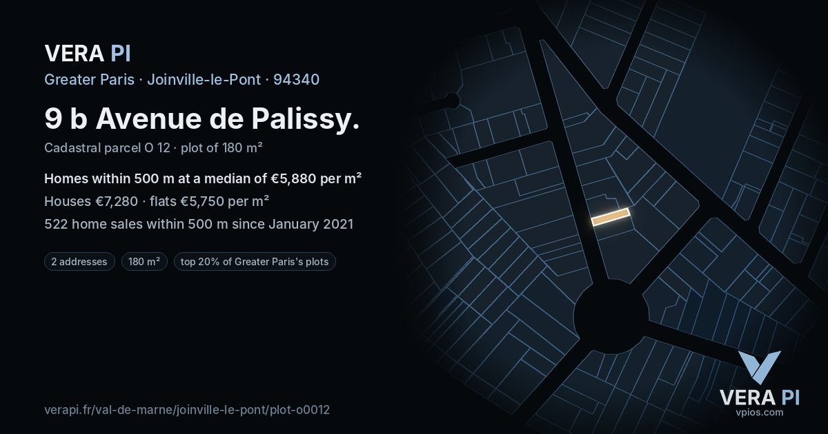 9 b Avenue de Palissy, Joinville-le-Pont at night – the plot lit, the parcels around coloured by the prices near them