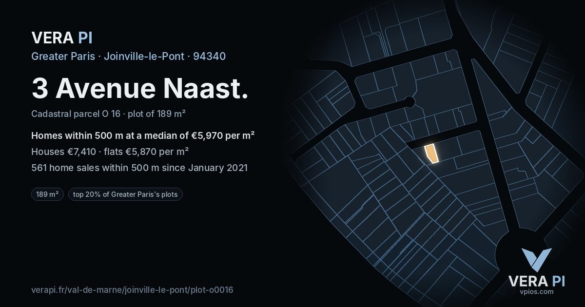 3 Avenue Naast, Joinville-le-Pont at night – the plot lit, the parcels around coloured by the prices near them