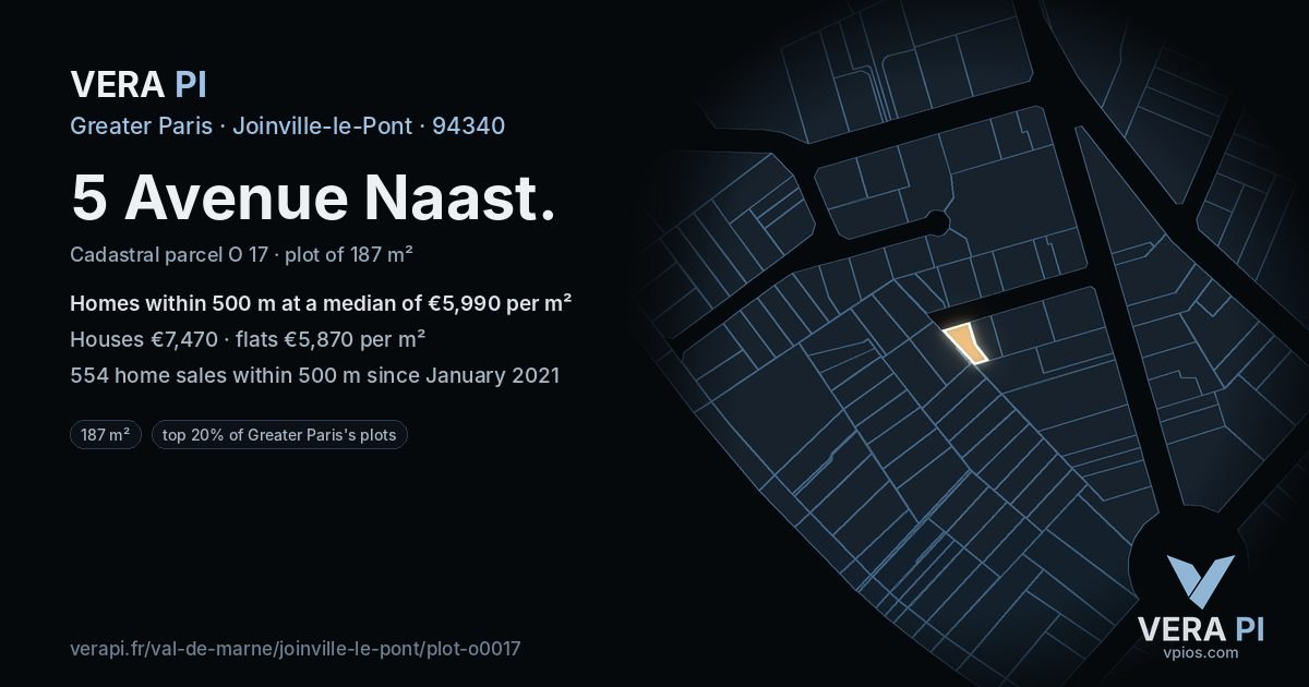 5 Avenue Naast, Joinville-le-Pont at night – the plot lit, the parcels around coloured by the prices near them