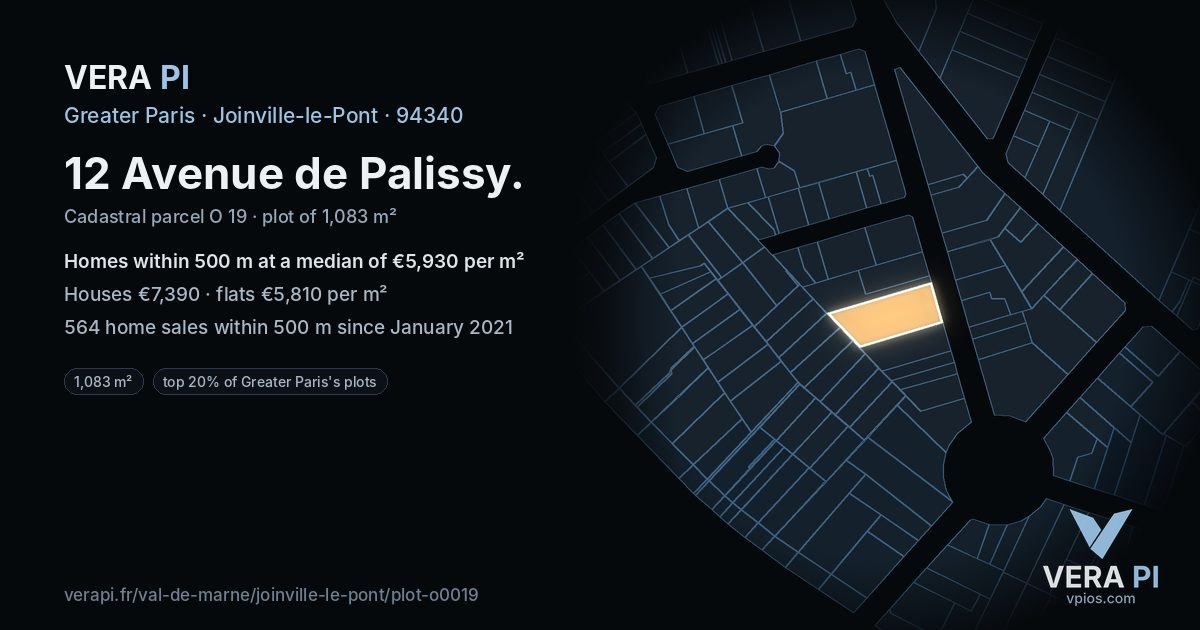 12 Avenue de Palissy, Joinville-le-Pont at night – the plot lit, the parcels around coloured by the prices near them