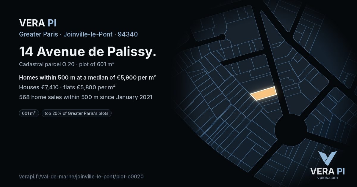 14 Avenue de Palissy, Joinville-le-Pont at night – the plot lit, the parcels around coloured by the prices near them