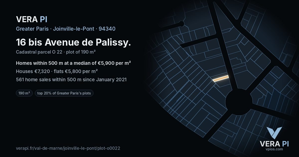 16 bis Avenue de Palissy, Joinville-le-Pont at night – the plot lit, the parcels around coloured by the prices near them