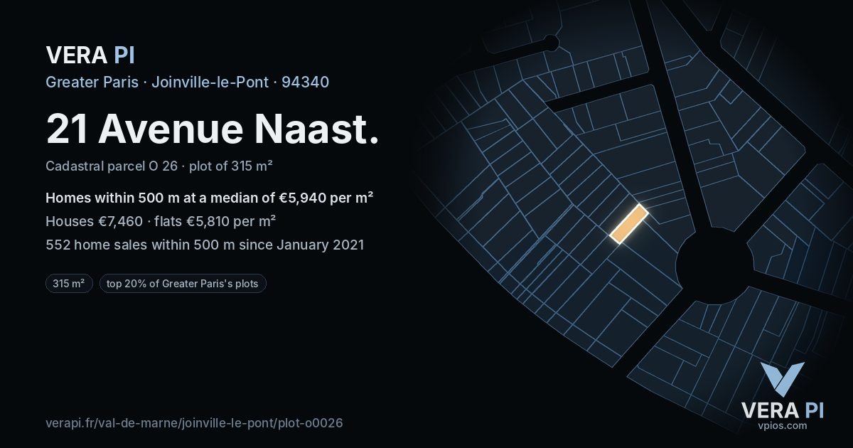 21 Avenue Naast, Joinville-le-Pont at night – the plot lit, the parcels around coloured by the prices near them