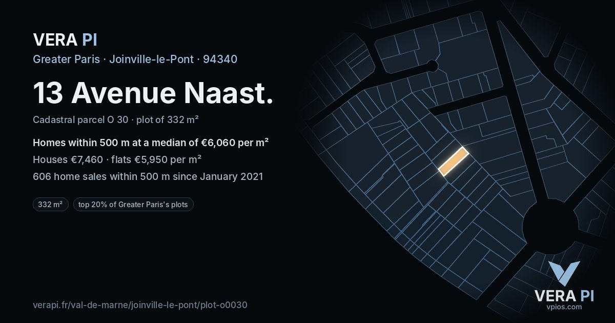 13 Avenue Naast, Joinville-le-Pont at night – the plot lit, the parcels around coloured by the prices near them