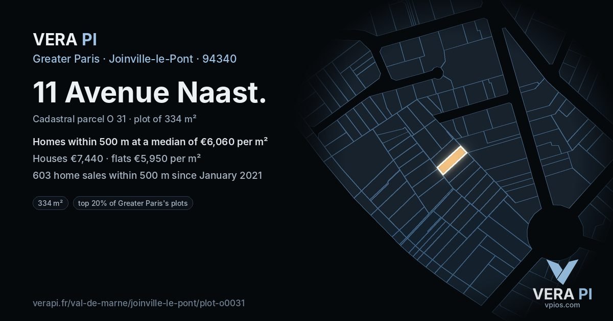 11 Avenue Naast, Joinville-le-Pont at night – the plot lit, the parcels around coloured by the prices near them