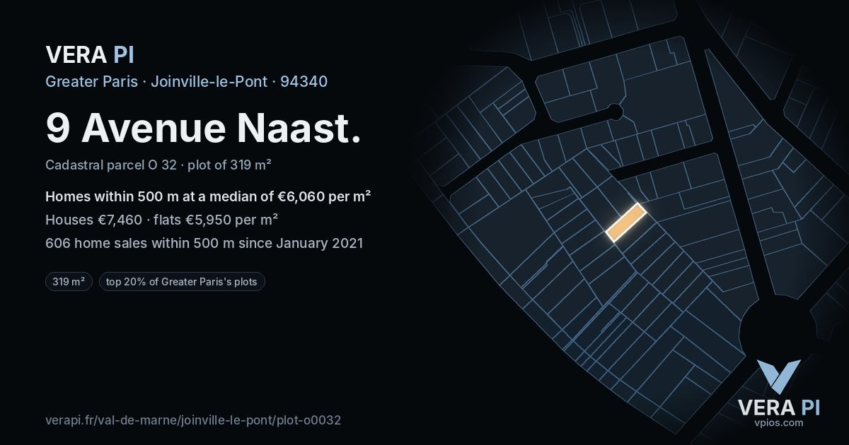 9 Avenue Naast, Joinville-le-Pont at night – the plot lit, the parcels around coloured by the prices near them