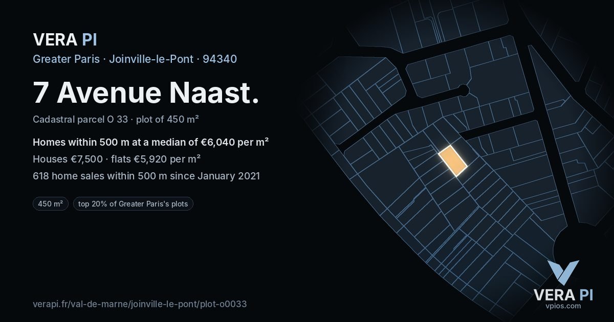 7 Avenue Naast, Joinville-le-Pont at night – the plot lit, the parcels around coloured by the prices near them