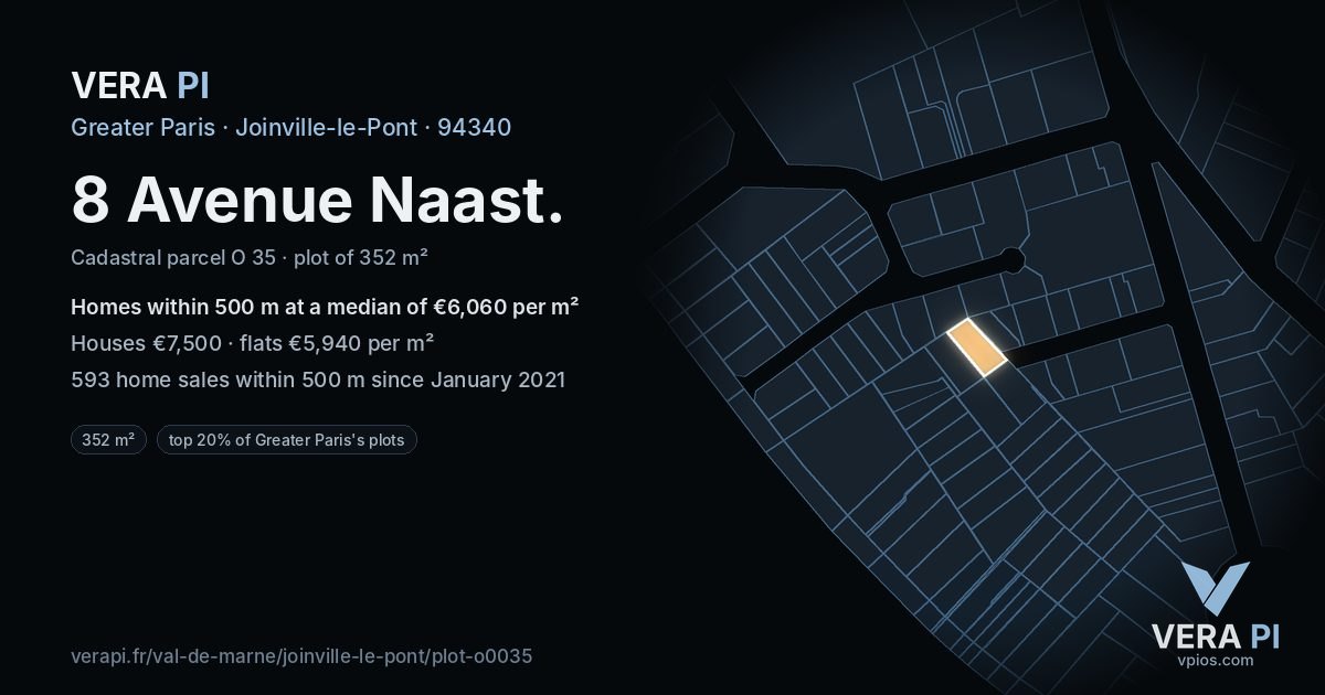 8 Avenue Naast, Joinville-le-Pont at night – the plot lit, the parcels around coloured by the prices near them