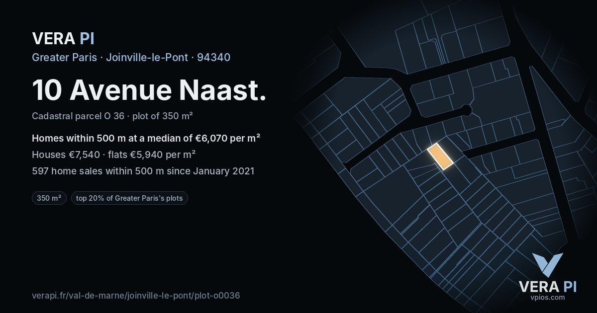 10 Avenue Naast, Joinville-le-Pont at night – the plot lit, the parcels around coloured by the prices near them