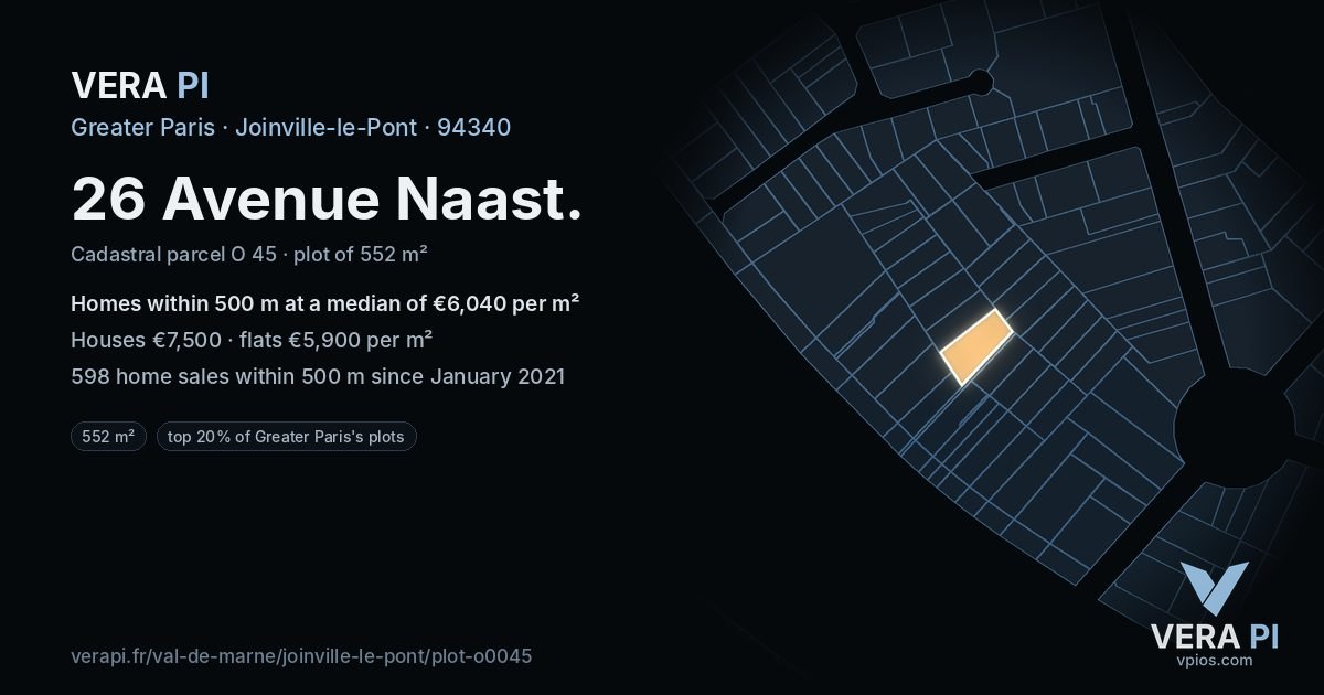 26 Avenue Naast, Joinville-le-Pont at night – the plot lit, the parcels around coloured by the prices near them