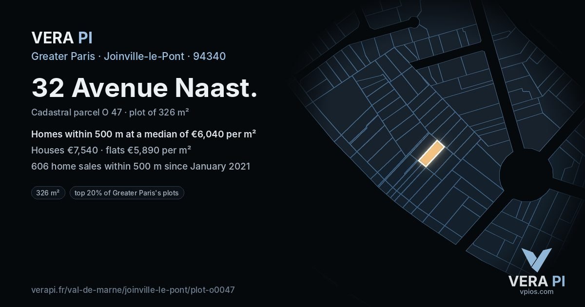 32 Avenue Naast, Joinville-le-Pont at night – the plot lit, the parcels around coloured by the prices near them