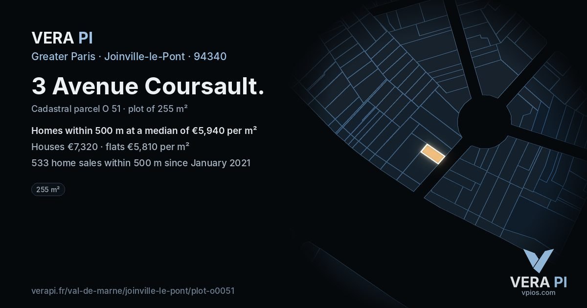 3 Avenue Coursault, Joinville-le-Pont at night – the plot lit, the parcels around coloured by the prices near them
