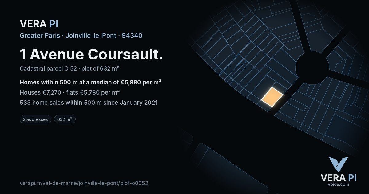1 Avenue Coursault, Joinville-le-Pont at night – the plot lit, the parcels around coloured by the prices near them