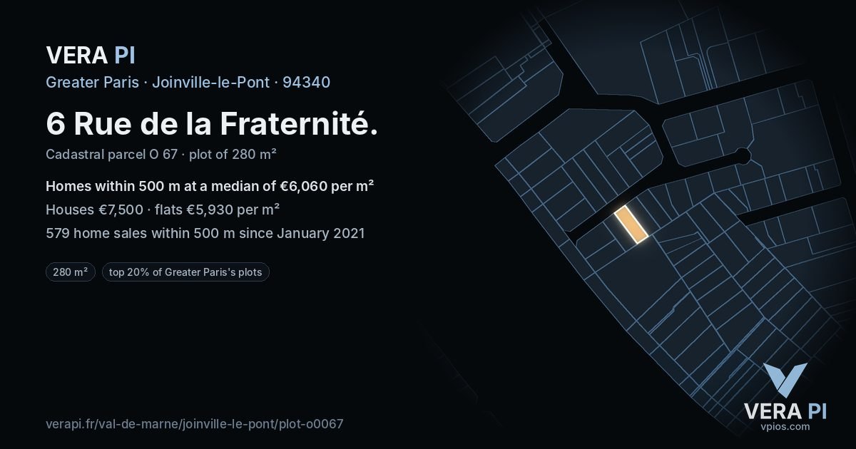 6 Rue de la Fraternité, Joinville-le-Pont at night – the plot lit, the parcels around coloured by the prices near them