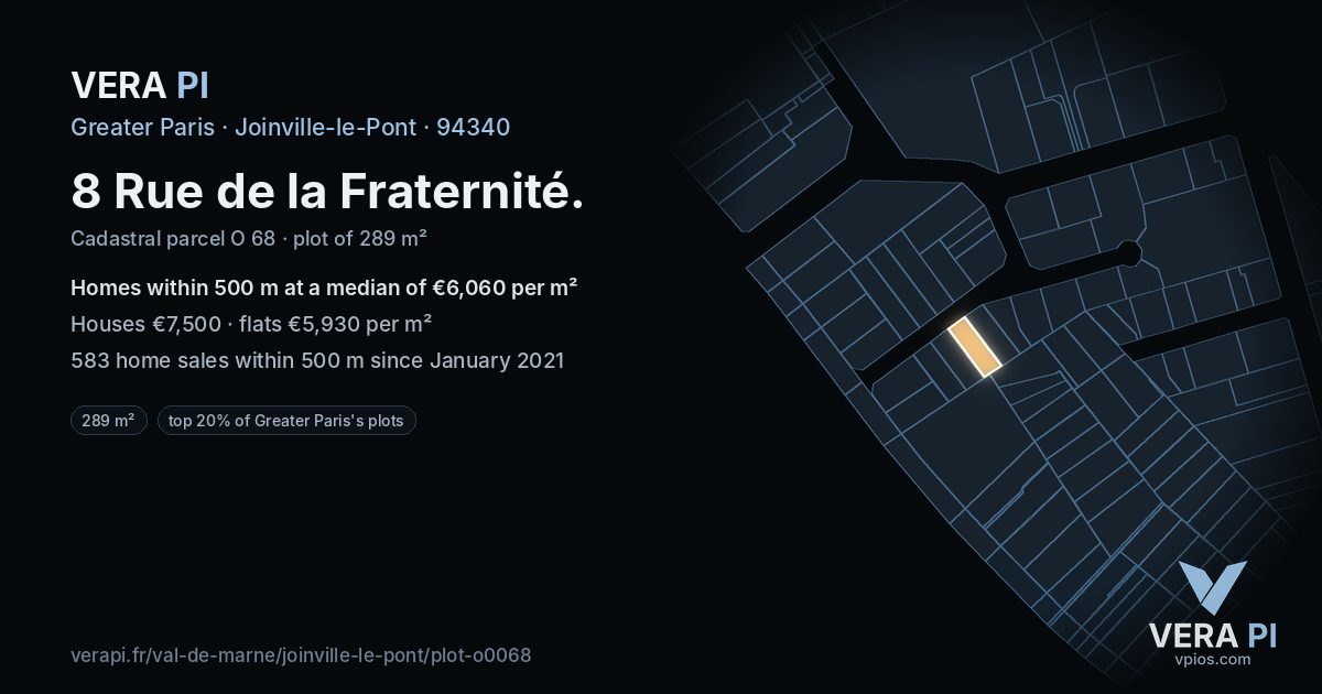 8 Rue de la Fraternité, Joinville-le-Pont at night – the plot lit, the parcels around coloured by the prices near them