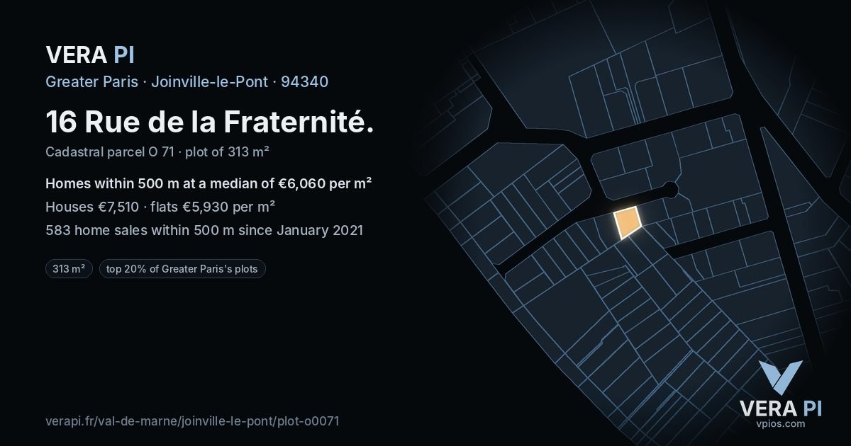 16 Rue de la Fraternité, Joinville-le-Pont at night – the plot lit, the parcels around coloured by the prices near them