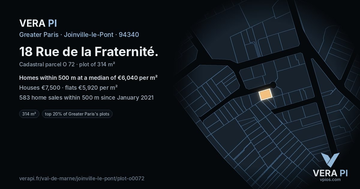 18 Rue de la Fraternité, Joinville-le-Pont at night – the plot lit, the parcels around coloured by the prices near them